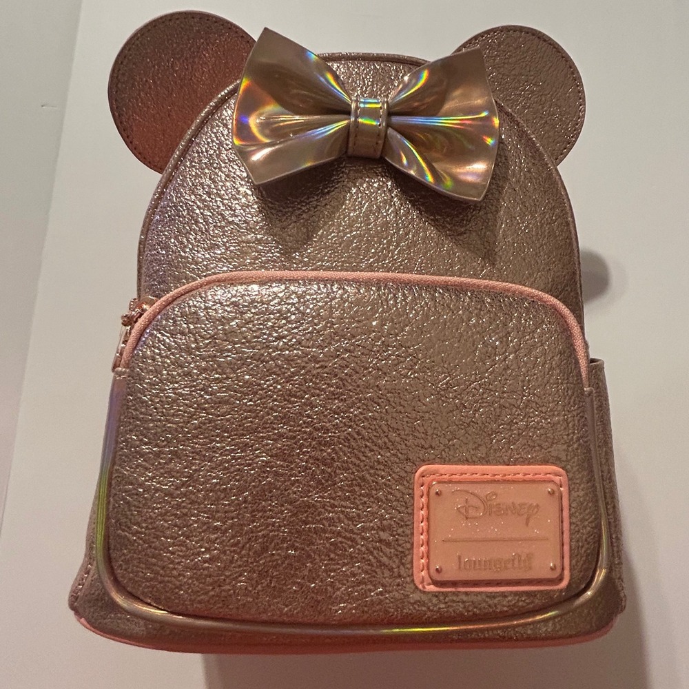 Disney Loungefly Minnie Mouse Rose Gold Metallic Mini Backpack with Bow NEW